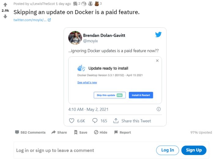 Docker将“跳过更新”设为付费功能 引发了网友吐槽